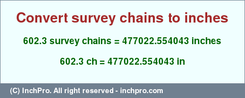 Result converting 602.3 survey chains to inches = 477022.554043 inches