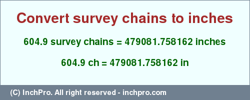 Result converting 604.9 survey chains to inches = 479081.758162 inches