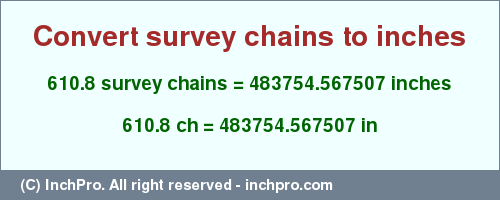 Result converting 610.8 survey chains to inches = 483754.567507 inches