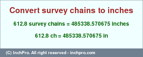 Result converting 612.8 survey chains to inches = 485338.570675 inches