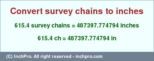 Result converting 615.4 survey chains to inches = 487397.774794 inches