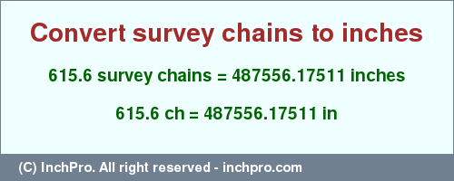 Result converting 615.6 survey chains to inches = 487556.17511 inches