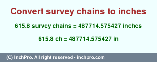 Result converting 615.8 survey chains to inches = 487714.575427 inches