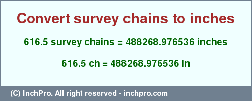 Result converting 616.5 survey chains to inches = 488268.976536 inches