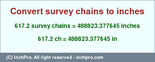 Result converting 617.2 survey chains to inches = 488823.377645 inches