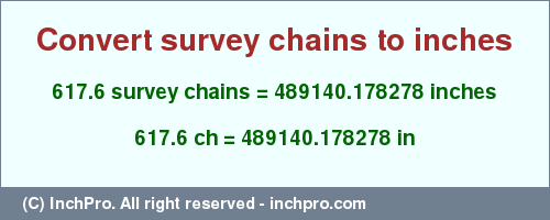 Result converting 617.6 survey chains to inches = 489140.178278 inches