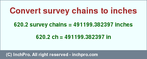 Result converting 620.2 survey chains to inches = 491199.382397 inches
