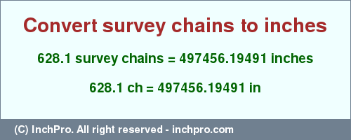 Result converting 628.1 survey chains to inches = 497456.19491 inches