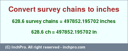 Result converting 628.6 survey chains to inches = 497852.195702 inches