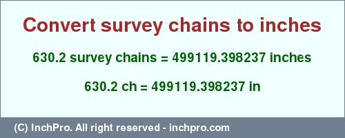 Result converting 630.2 survey chains to inches = 499119.398237 inches