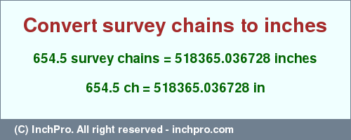 Result converting 654.5 survey chains to inches = 518365.036728 inches