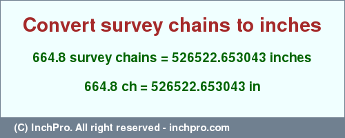 Result converting 664.8 survey chains to inches = 526522.653043 inches