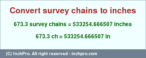 Result converting 673.3 survey chains to inches = 533254.666507 inches