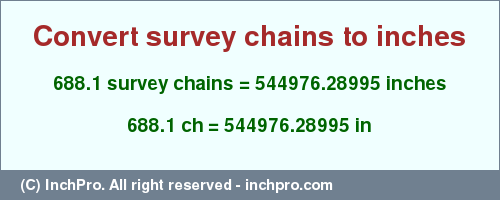 Result converting 688.1 survey chains to inches = 544976.28995 inches