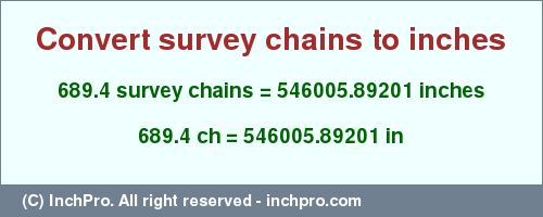 Result converting 689.4 survey chains to inches = 546005.89201 inches