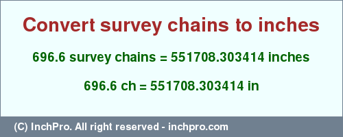 Result converting 696.6 survey chains to inches = 551708.303414 inches
