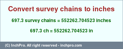 Result converting 697.3 survey chains to inches = 552262.704523 inches