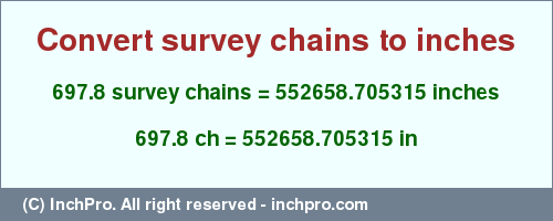 Result converting 697.8 survey chains to inches = 552658.705315 inches