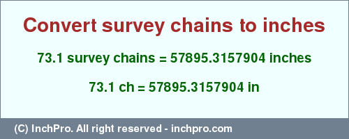 Result converting 73.1 survey chains to inches = 57895.3157904 inches