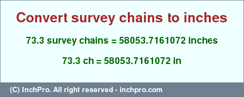 Result converting 73.3 survey chains to inches = 58053.7161072 inches