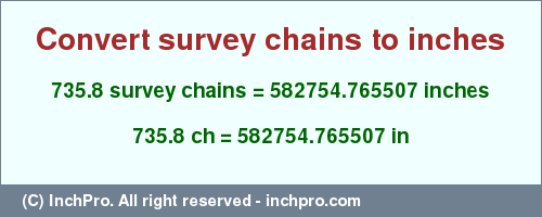 Result converting 735.8 survey chains to inches = 582754.765507 inches