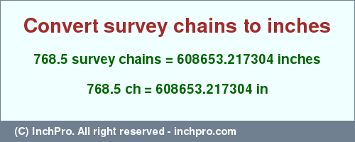 Result converting 768.5 survey chains to inches = 608653.217304 inches