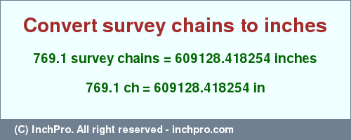 Result converting 769.1 survey chains to inches = 609128.418254 inches