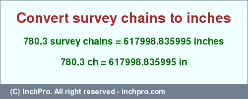 Result converting 780.3 survey chains to inches = 617998.835995 inches