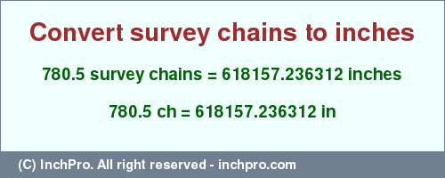 Result converting 780.5 survey chains to inches = 618157.236312 inches