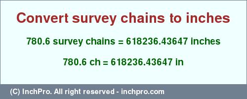 Result converting 780.6 survey chains to inches = 618236.43647 inches