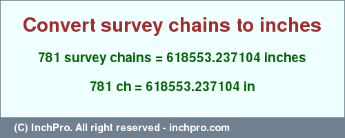 Result converting 781 survey chains to inches = 618553.237104 inches