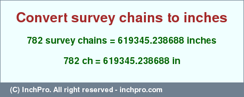 Result converting 782 survey chains to inches = 619345.238688 inches