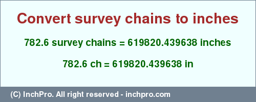 Result converting 782.6 survey chains to inches = 619820.439638 inches