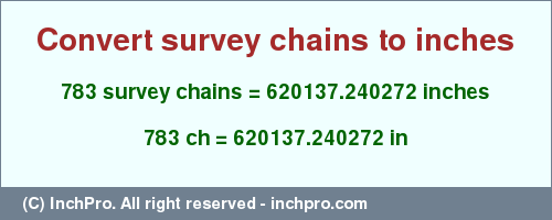 Result converting 783 survey chains to inches = 620137.240272 inches