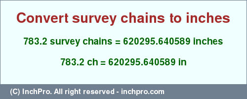 Result converting 783.2 survey chains to inches = 620295.640589 inches