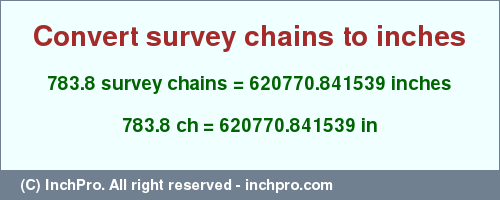 Result converting 783.8 survey chains to inches = 620770.841539 inches