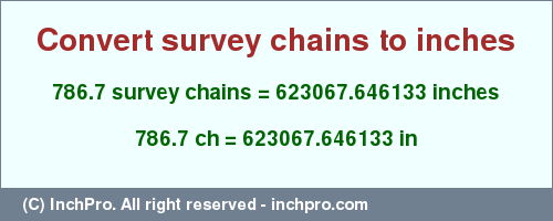 Result converting 786.7 survey chains to inches = 623067.646133 inches