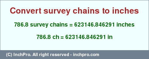 Result converting 786.8 survey chains to inches = 623146.846291 inches