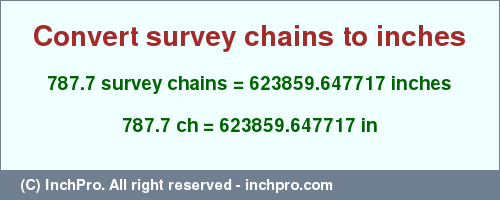 Result converting 787.7 survey chains to inches = 623859.647717 inches