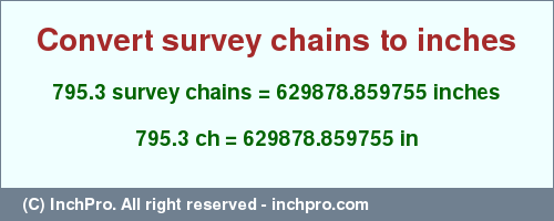Result converting 795.3 survey chains to inches = 629878.859755 inches