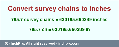 Result converting 795.7 survey chains to inches = 630195.660389 inches