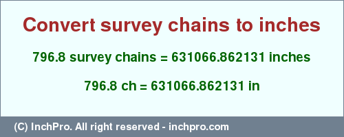 Result converting 796.8 survey chains to inches = 631066.862131 inches