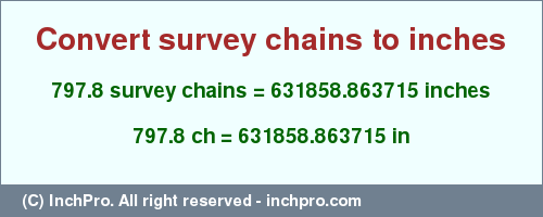 Result converting 797.8 survey chains to inches = 631858.863715 inches