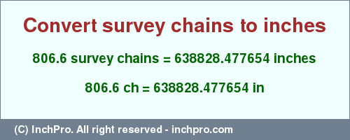 Result converting 806.6 survey chains to inches = 638828.477654 inches