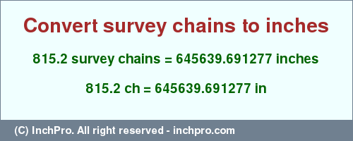 Result converting 815.2 survey chains to inches = 645639.691277 inches