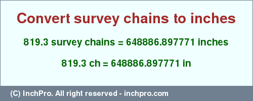Result converting 819.3 survey chains to inches = 648886.897771 inches