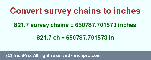 Result converting 821.7 survey chains to inches = 650787.701573 inches