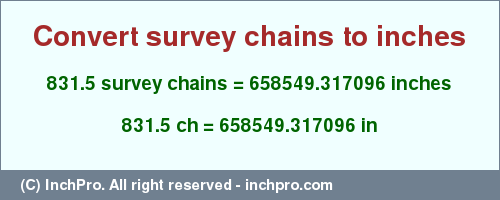 Result converting 831.5 survey chains to inches = 658549.317096 inches