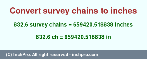 Result converting 832.6 survey chains to inches = 659420.518838 inches