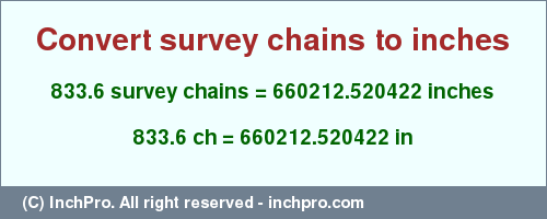 Result converting 833.6 survey chains to inches = 660212.520422 inches